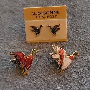 Gold Tone Cloisonne Duck Earrings and Pin Set Jewelry, Fashion, Style, Mallard